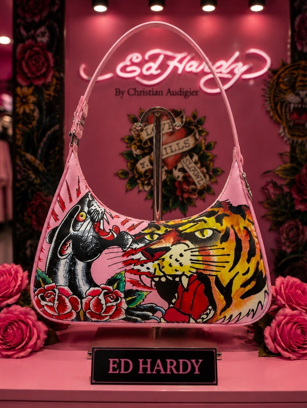 Ed Hardy 'Siberia Hills' Y2k Pink Tattoo Tiger Panther Print Shoulder Bag